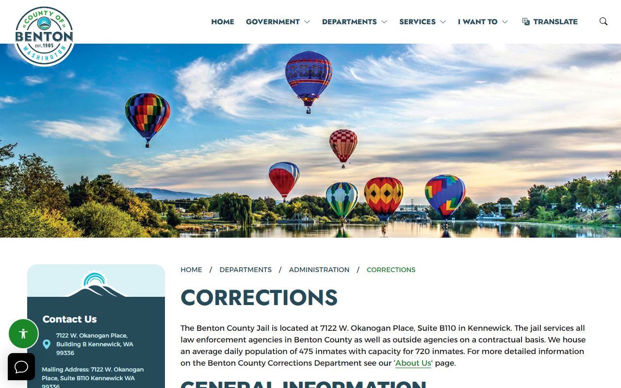 Benton County Jail corrections page with inmate population and capacity